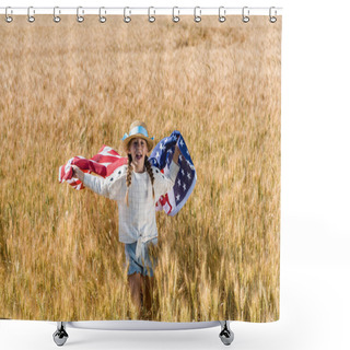 Personality  Cheerful Child Holding American Flag With Stars And Stripes In Golden Field  Shower Curtains