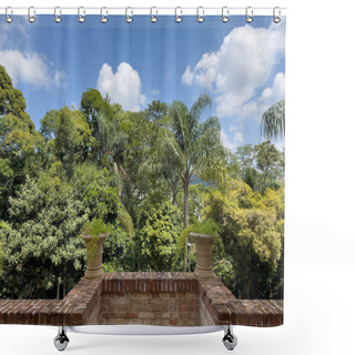 Personality  Balcony View Of Verdant Landscape And Palms Under Blue Sky. Shower Curtains
