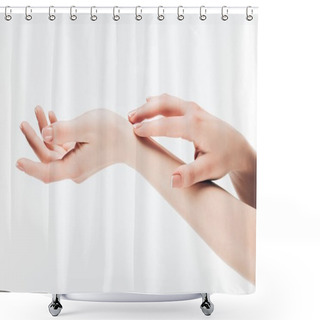 Personality  Cropped Shot Of Woman Applying Skincare Cream On Hands Isolated On White Shower Curtains