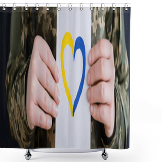 Personality  Cropped View Of Military Woman Holding White Card With Blue And Yellow Heart Isolated On Black, Banner Shower Curtains