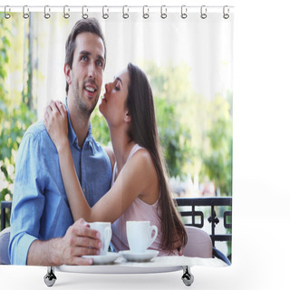 Personality  Young Couple In Street Cafe  Shower Curtains