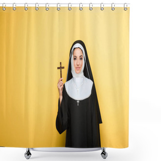 Personality  Beautiful Smiling Nun Holding Cross Isolated On Yellow Shower Curtains