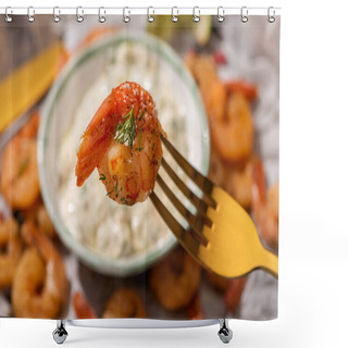Personality  Selective Focus Of Fried Shrimp On Golden Fork Shower Curtains