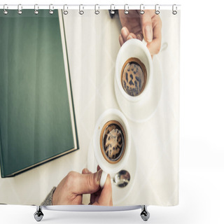 Personality  Over View On Two Cups Of Coffee Shower Curtains