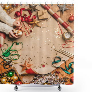 Personality  Preparing For New Year. Flat-lay Of Hot Chocolate In Mug In Womans Hands, Candy Canes, Decorations, Christmas Ribbons, Wreath, Glittering Balls Over Gift Paper Background, Top View, Copy Space Shower Curtains