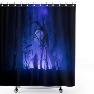 Personality  Death With A Scythe In The Dark Misty Forest. Woman Horror Ghost Holding Reaper In Forest, Halloween Concept. Creative Artwork Table Decorations In Selective Focus Shower Curtains