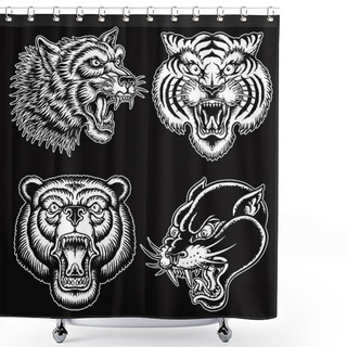 Personality  Black And White Hand Drawn Tattoo Style Animal Faces Shower Curtains