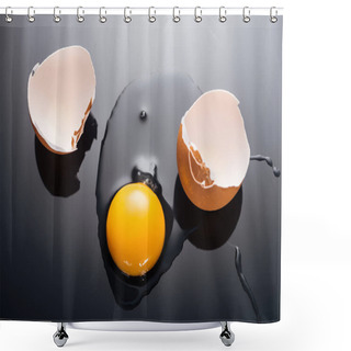 Personality  Close Up Of Fresh Smashed Egg With Yolk, Protein And Eggshell On Black Background Shower Curtains
