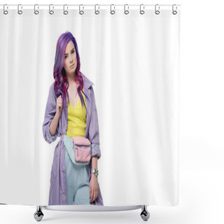 Personality  Attractive Young Woman With Purple Hair In Trench Coat With Waist Pack Isolated On White Shower Curtains