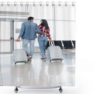 Personality  Back View Of Interracial Couple Walking With Luggage In Airport  Shower Curtains