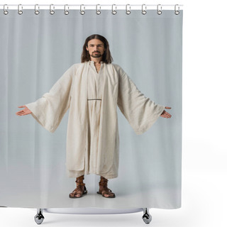 Personality  Handsome Bearded Man In Jesus Robe Standing With Outstretched Hands On Grey Shower Curtains