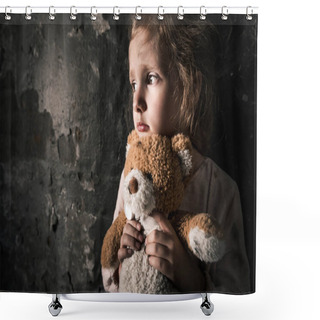 Personality  Upset Kid Holding Teddy Bear In Dirty Room, Post Apocalyptic Concept Shower Curtains