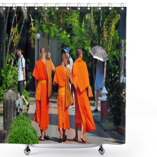 Personality  Chiang Mai, Thailand: Three Monks At Wat Phra Singh Shower Curtains