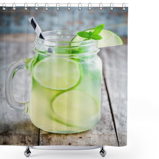 Personality  Homemade Lemonade With Lime, Mint In A Mason Jar On A Wooden Table Shower Curtains