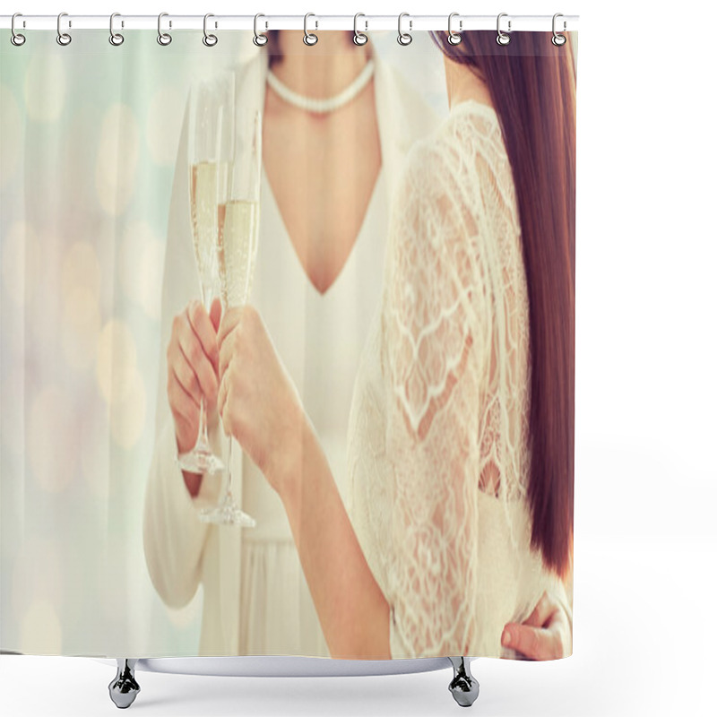 Personality  Close Up Of Lesbian Couple With Champagne Glasses Shower Curtains