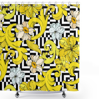 Personality  Vector Golden Monogram Floral Ornament. Black And White Engraved Ink Art. Seamless Background Pattern. Shower Curtains