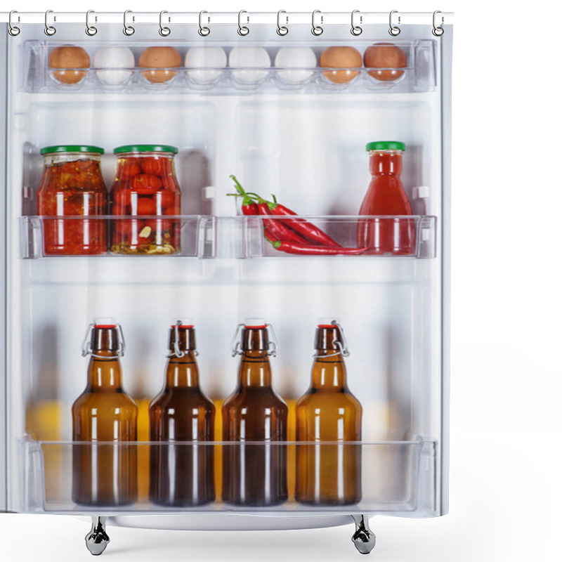 Personality  Eggs And Glass Bottles Of Beer In Fridge Shower Curtains