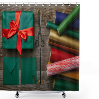 Personality  Flat Lay With Christmas Gift With Red Ribbon, Wrapping Papers, Scissors And Envelopes For Greeting Card On Wooden Surface Shower Curtains