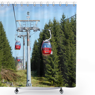 Personality  BRAUNLAGE, GERMANY  APRIL 29, 2018: Cable Car At Wurmberg Near Braunlage In The Harz National Park. Many Tourists Use The Cable Car For A Ride On The Wurmberg Shower Curtains