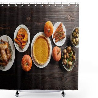 Personality  Top View Of Whole Pumpkins, Pumpkin Pie, Baked Whole Carrot And Sliced Pumpkin, Grilled Turkey And Potato On Dark Wooden Surface Shower Curtains
