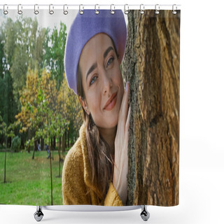 Personality  Joyful Woman In Trendy Beret Looking At Camera While Leaning On Tree Trunk In Park Shower Curtains
