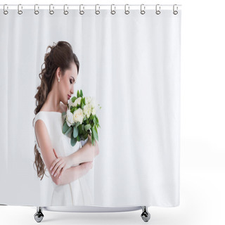 Personality  Beautiful Bride Sniffing Wedding Bouquet, Isolated On White Shower Curtains