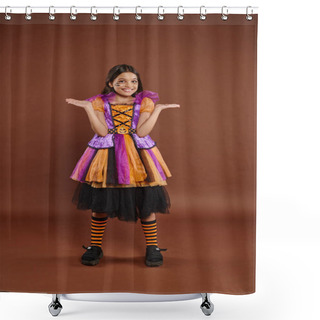 Personality  Funny Girl In Halloween Costume With Spiderweb Makeup Smiling And Gesturing On Brown Backdrop Shower Curtains