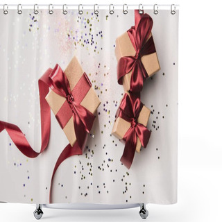 Personality  Top View Of Arranged Gifts With Red Ribbons And Confetti Isolated On White Shower Curtains