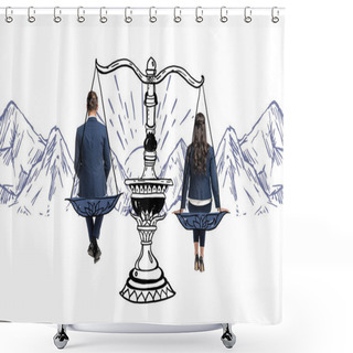 Personality  Back View View Of Businessman And Businesswoman Sitting On Balance Scales Isolated On White Shower Curtains