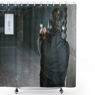 Personality  Rear View Of Man Aiming Gun At Target In Shooting Range Shower Curtains