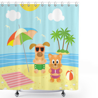 Personality  Summer Background With Cat And Dog On The Beach Shower Curtains