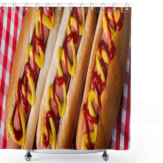 Personality  Close Up View Of Tasty Hot Dogs With Mustard And Ketchup On Plaid Tablecloth, Banner Shower Curtains