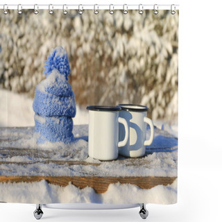 Personality  A Two White Iron Mugs Of Tea Next To Blue Knitted Hat And Scarf Stand On Wooden Table On The Background Of Winter Landscape.   Shower Curtains