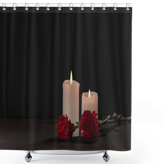 Personality  Red Carnation Flowers And Candles On Black Background, Funeral Concept Shower Curtains