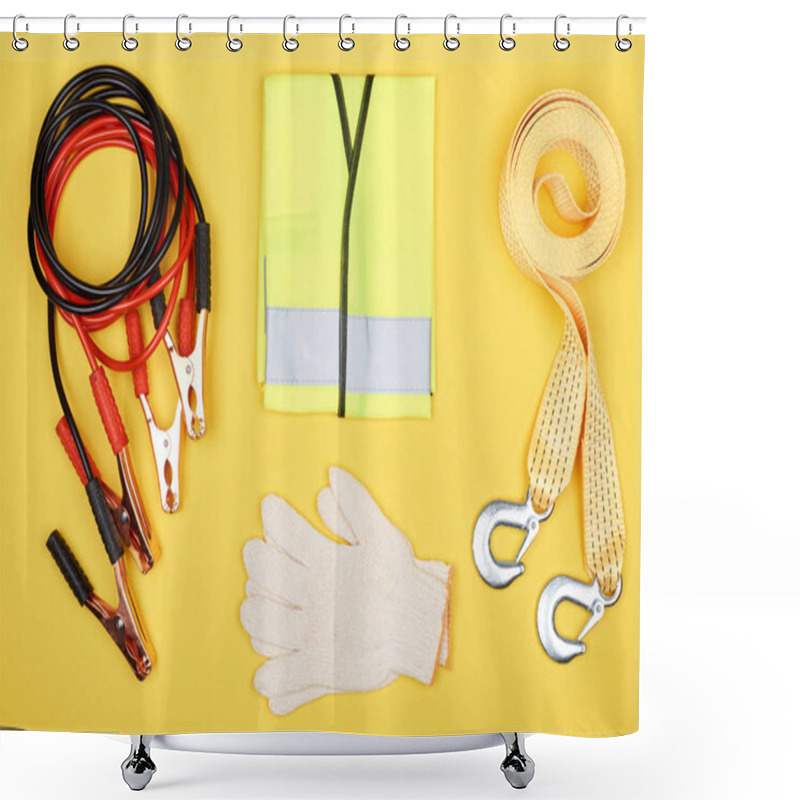Personality  Flat Lay With Arrangement Of Automotive Accessories Isolated On Yellow Shower Curtains