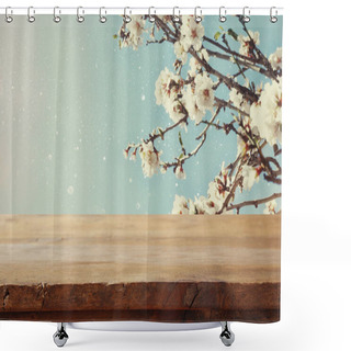 Personality  Wooden Table In Front Of Spring Cherry Tree Shower Curtains
