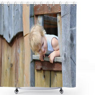 Personality  Funny Little Girl Playing In Wooden House Shower Curtains