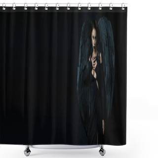 Personality  Sexy Woman In Halloween Costume Of Dark Demon With Wings Looking At Camera On Black, Banner Shower Curtains