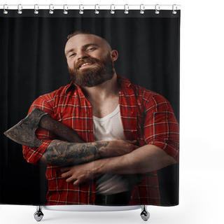 Personality  Smiling Bearded Man Holding Axe Looking At Camera On Black Background Shower Curtains