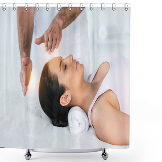 Personality  Cropped View Of Healer Putting Hands Near Head Of Woman With Closed Eyes Lying On Massage Table Shower Curtains