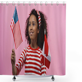 Personality  Smiling African American Girl Holding Flags Of America And Canada Isolated In Pink  Shower Curtains