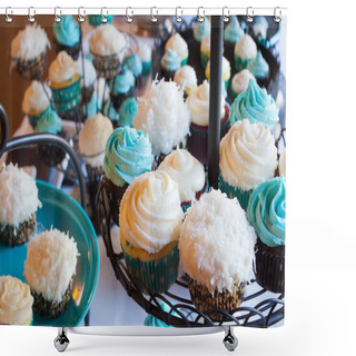 Personality  Wedding Cupcakes Of Chocolate, Vanilla, And Carrotcake At A Wedding Reception. Shower Curtains