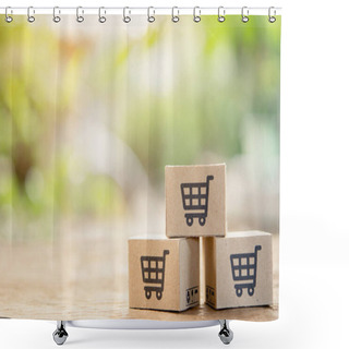 Personality  Online Shopping - Paper Cartons Or Parcel With A Shopping Cart Logo And Credit On Wood Table Top With Copy Space. Shopping Service On The Online Web And Offers Home Delivery. Shower Curtains