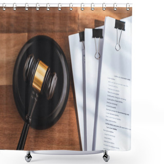 Personality  Closeup Top View Black Wooden Gavel Hammer And Legal Document On Wooden Office Desk Background As Justice And Legal System For Lawyer And Judge, Legal Authority And Fairness In Trials. Equility Shower Curtains