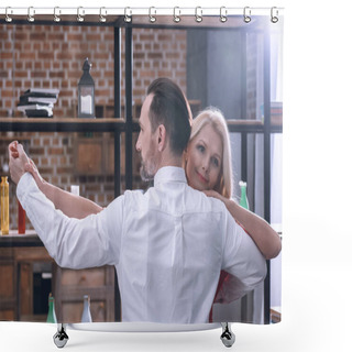 Personality  Happy Heterosexual Couple Dancing At Home On Valentines Day Shower Curtains