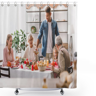 Personality  Family Members Sitting At Table And Smiling Father Pouring Wine In Thanksgiving Day    Shower Curtains