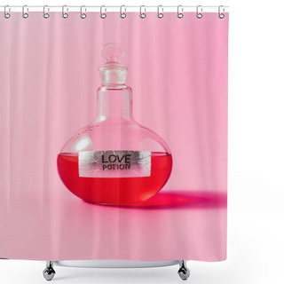 Personality  Close-up Shot Of Flask With Red Colored Love Potion On Pink Shower Curtains