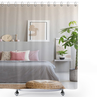 Personality  Pouf And Plant Next To Grey Bed With Pink Cushions In Bedroom Interior With Poster. Real Photo Shower Curtains