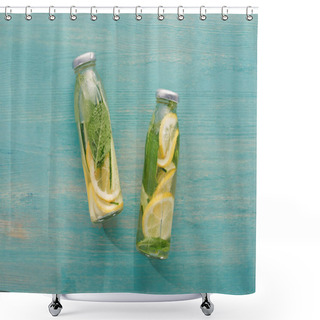 Personality  Top View Of Detox Drink In Bottles With Lemon And Cucumber Slices, Mint Leaves On Blue Wooden Surface Shower Curtains