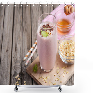 Personality  Strawberry And Banana Smoothie With Oatmeal On The Rustic Wooden Table. Shower Curtains
